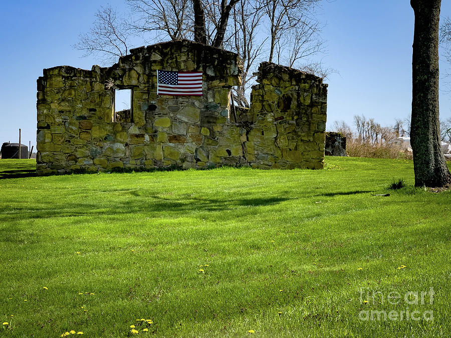 Abandoned Stone Building Flying Flag Photograph by Eleanor Abramson