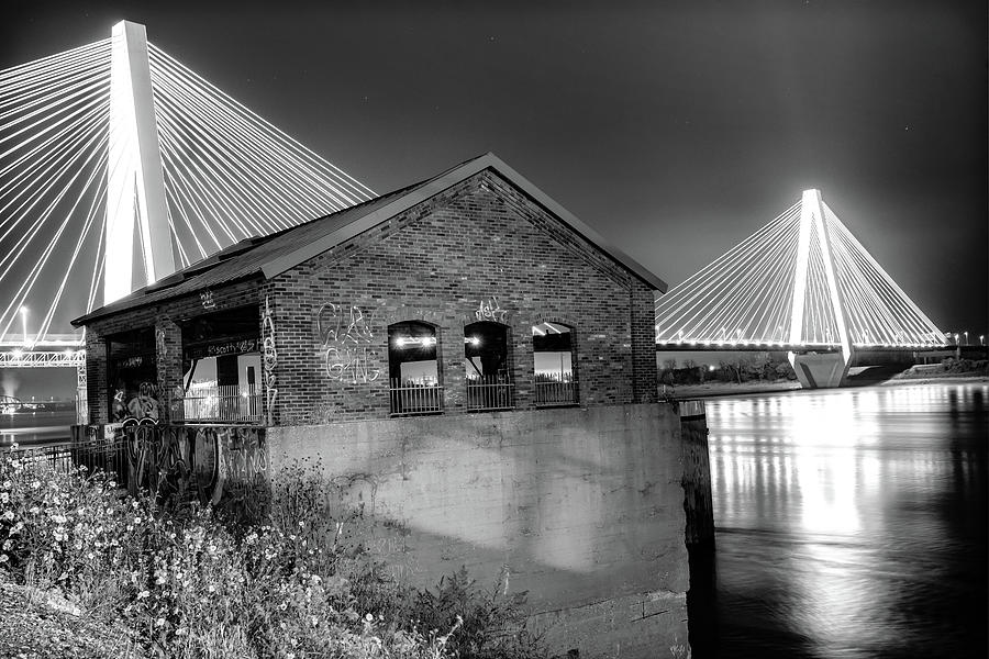 Abandoned Train Station And Stan Musial Veterans Memorial Bridge In Black and White Photograph by Gregory Ballos