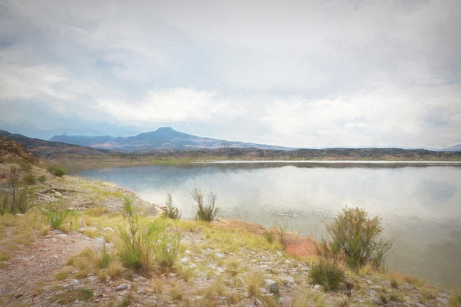Abiquiu Lake with Cerro Perdernal Mesa in the Background painterly Photograph by Belinda Greb