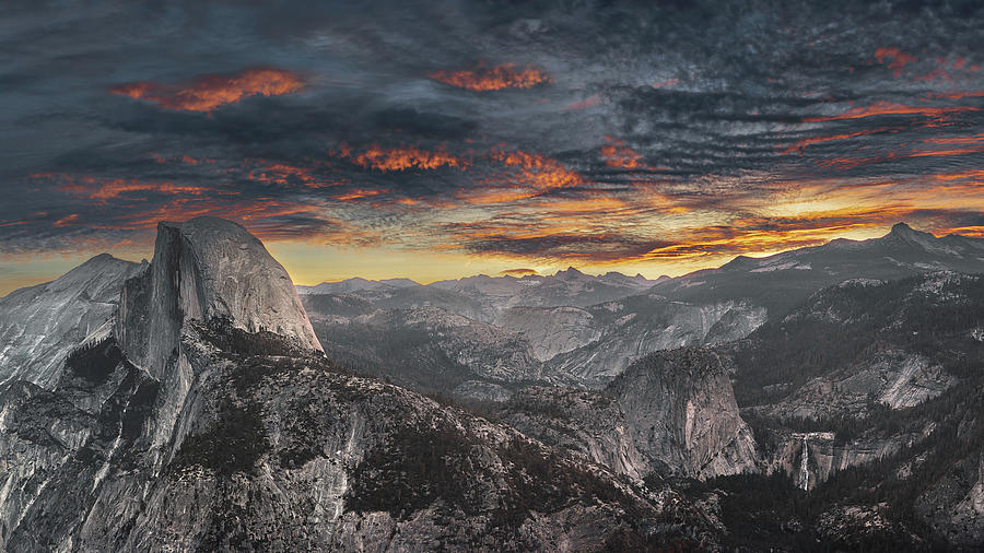 Ablaze Fury Sunlit Clouds Dance Around Half Dome wide pano Photograph by Gary Geddes