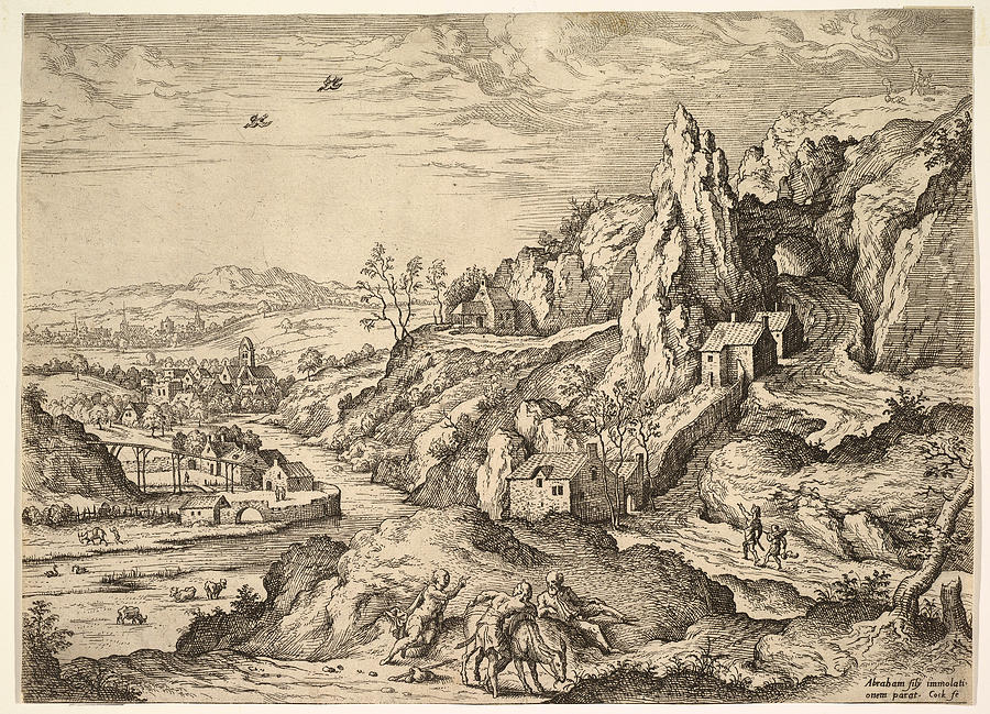 Abraham and Isaac on the way to Sacrifice Drawing by Hieronymus Cock