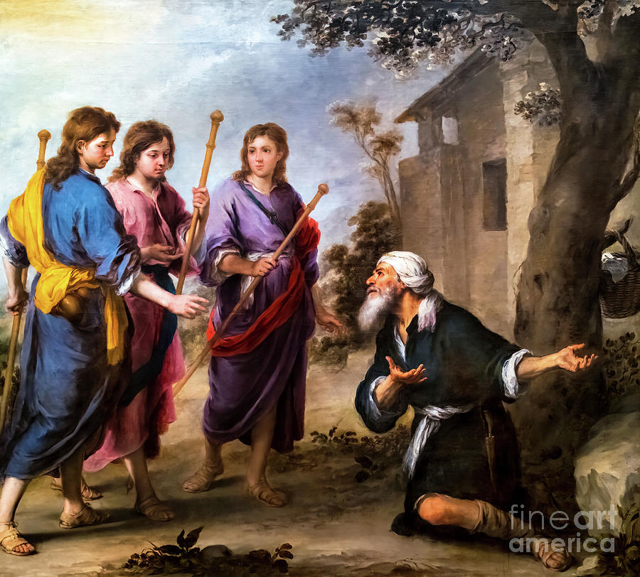 Abraham and the Three Angels by Bartolome Murillo 1673 Painting by Bartolome Murillo