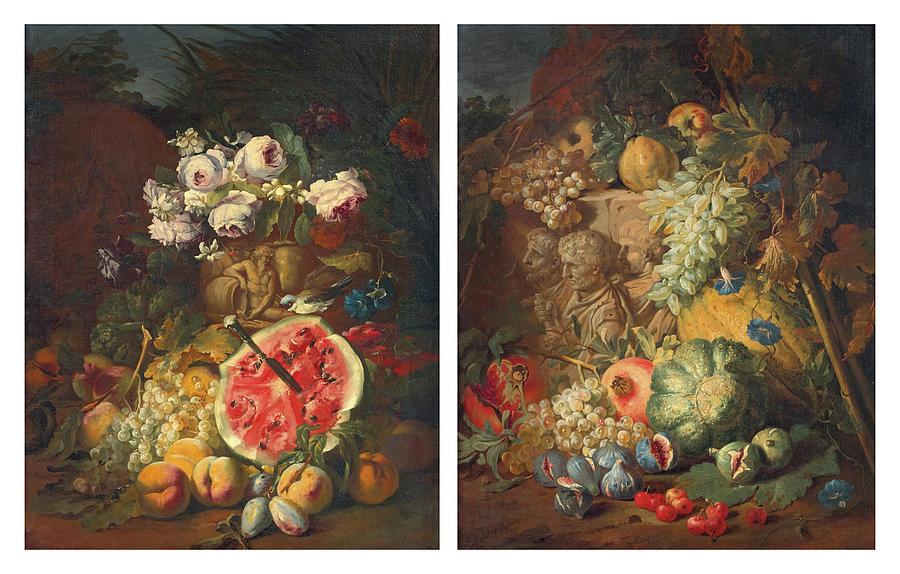 Abraham Brueghel  A watermelon, peaches, plums and grapes with roses Painting by MotionAge Designs