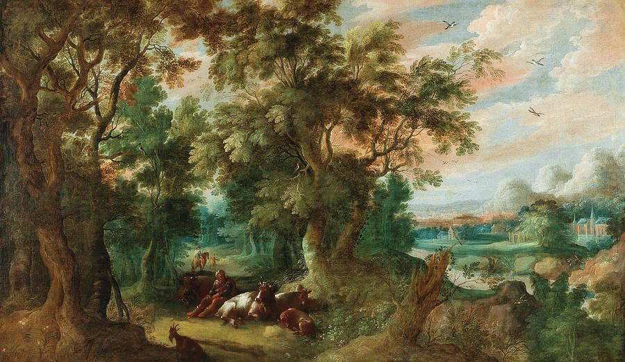 Abraham Govaerts  A wooded landscape with shepherds and their flock, oil on canvas Painting by MotionAge Designs
