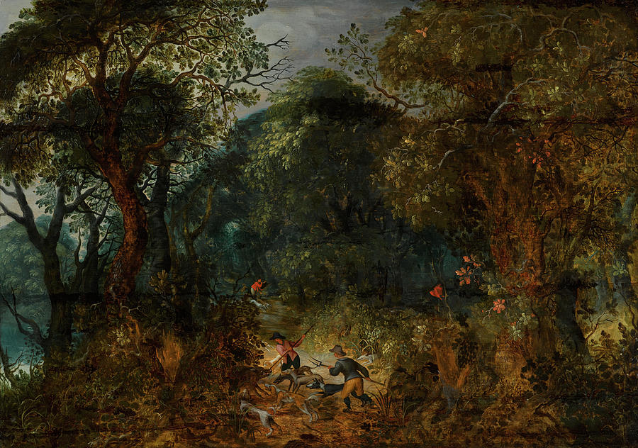 ABRAHAM GOVAERTS Antwerp 1589 to 1626 Wooded landscape with a boar hunt Painting by MotionAge Designs