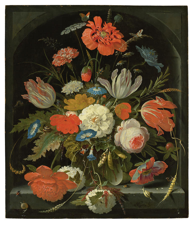 Abraham Mignon Frankfurt-am-Main 1640-c. 1679 Flowers in a glass vase, with snails and insects, in a Painting by MotionAge Designs