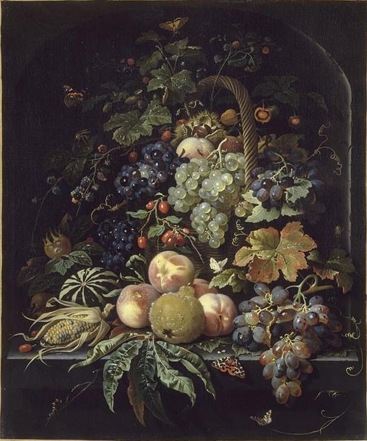 Abraham Mignon - Fruit, Basket, Insects, and Butterflies against a ...