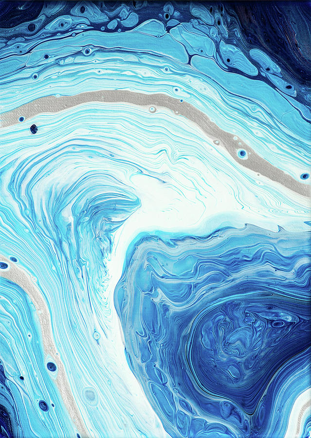 Abstract Acrylic Fluid Painting Blue White Silver Painting