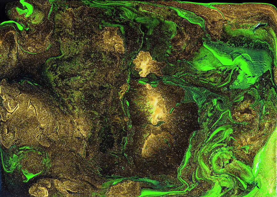 Abstract Acrylic Pour Painting Gold Green Black Painting by Matthias Hauser