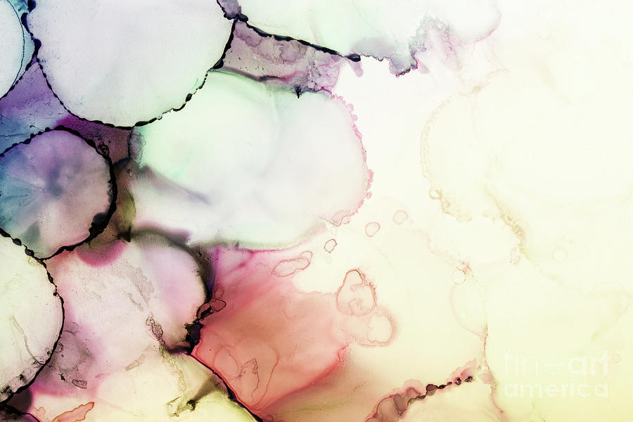 Abstract alcohol in background in pink, yellow, green and mauve tones. Photograph by Jane Rix