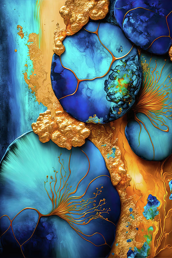 Abstract Art Alcohol Ink Style 03 Blue and Gold Digital Art by Matthias Hauser