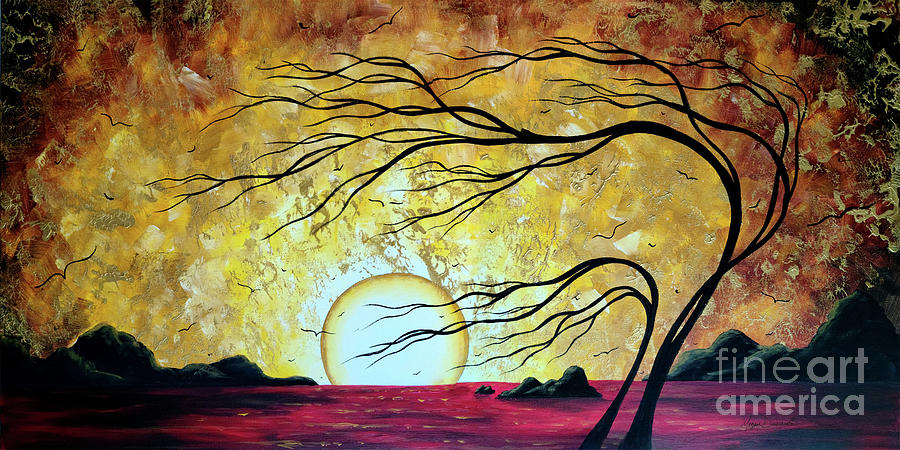 Abstract Painting - Abstract Art Original Tree Moon Landscape Painting Gold Prints Home Decor Megan Duncanson by Megan Aroon