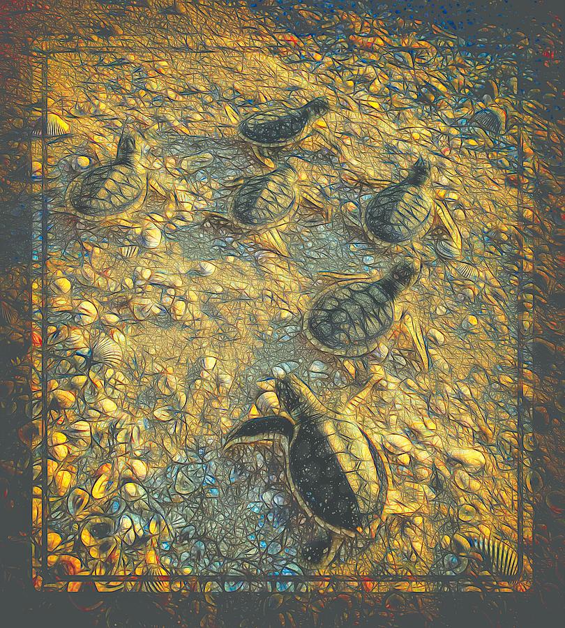 Abstract Baby Flat Back Turtles Over Seashells Mixed Media by Joan Stratton