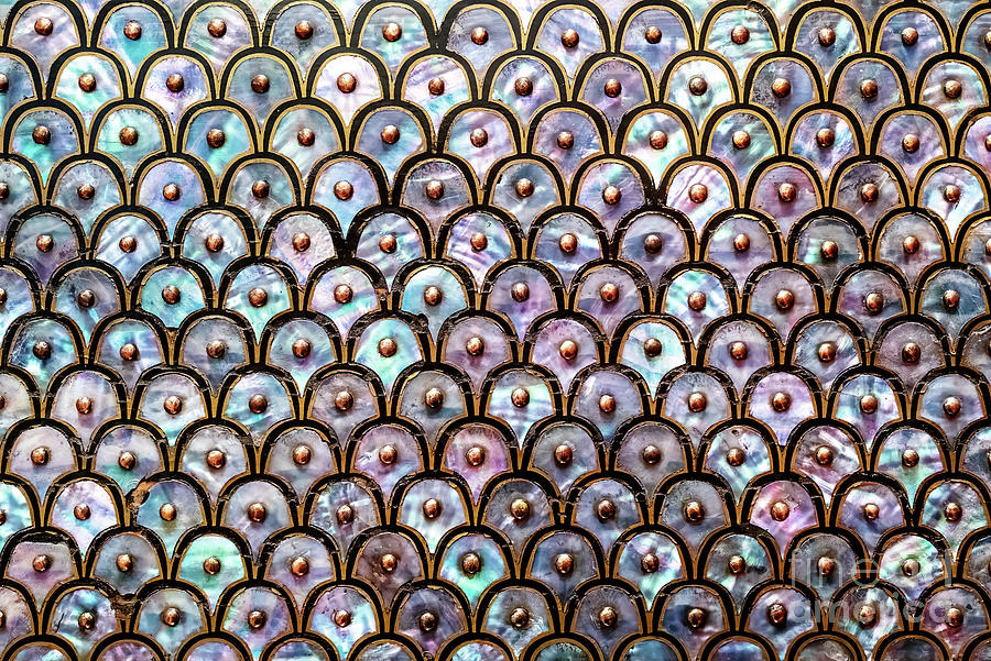 Abstract background of mother of pearl. Circular and overlapping antique design of nacre or abalone shell, with black and gold design and studs Photograph by Jane Rix