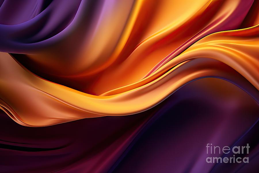 Abstract Painting - Abstract Background with 3D Wave Bright Gold and Purple Gradient Silk Fabric by N Akkash
