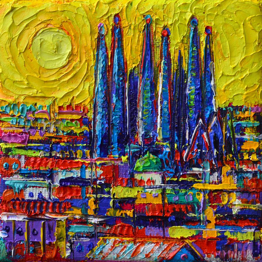 ABSTRACT BARCELONA ROOFTOPS AND SAGRADA FAMILIA 3D textural knife oil painting by Ana Maria Edulescu Painting by Ana Maria Edulescu