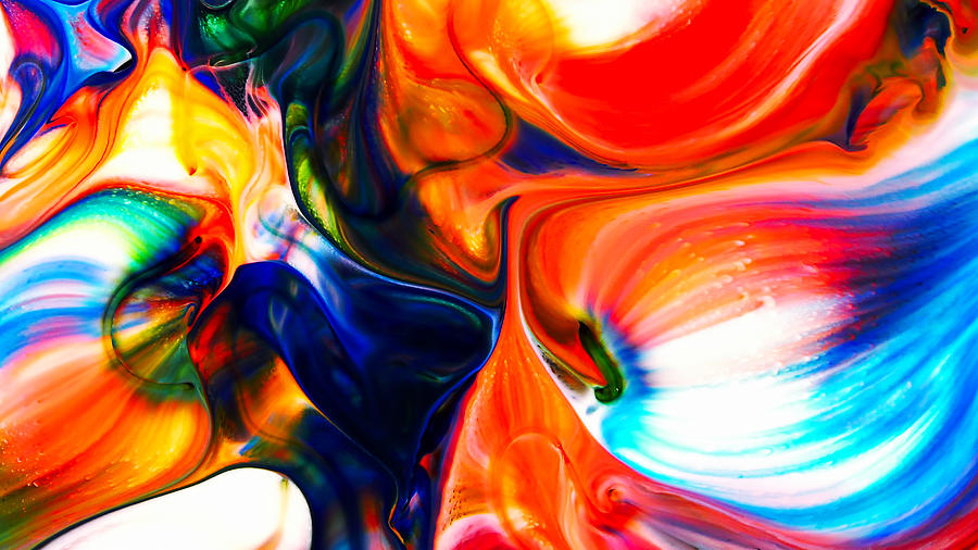 Abstract Photograph - Abstract Beauty of Art Ink Paint Explode Colorful Fantasy Spread. It is a Mixture on Milk a Chemical reaction when you added soup in milk. Nature is doing this itself.  by Julien