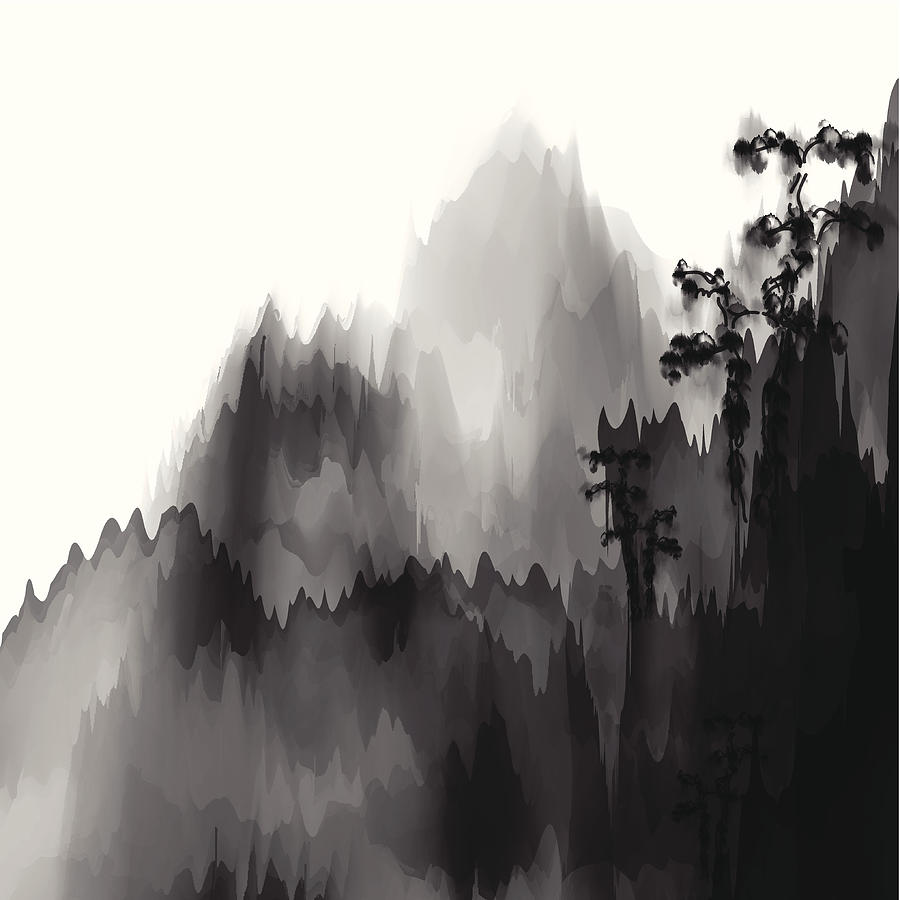 abstract black and white Chinese painting mountain material background Drawing by Shuoshu