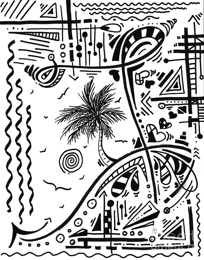 Abstract Black White MAD Doodle Graffiti Drawing Original Tropical Palm Trees Art Megan Duncanson Drawing by Megan Aroon