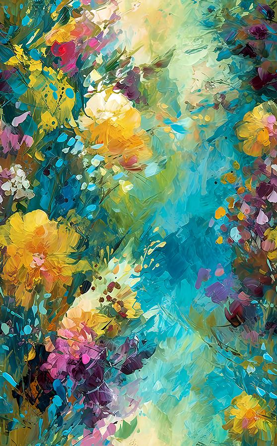 Abstract Blooms of Yellow Cyan and Lime Digital Art by Caito Junqueira