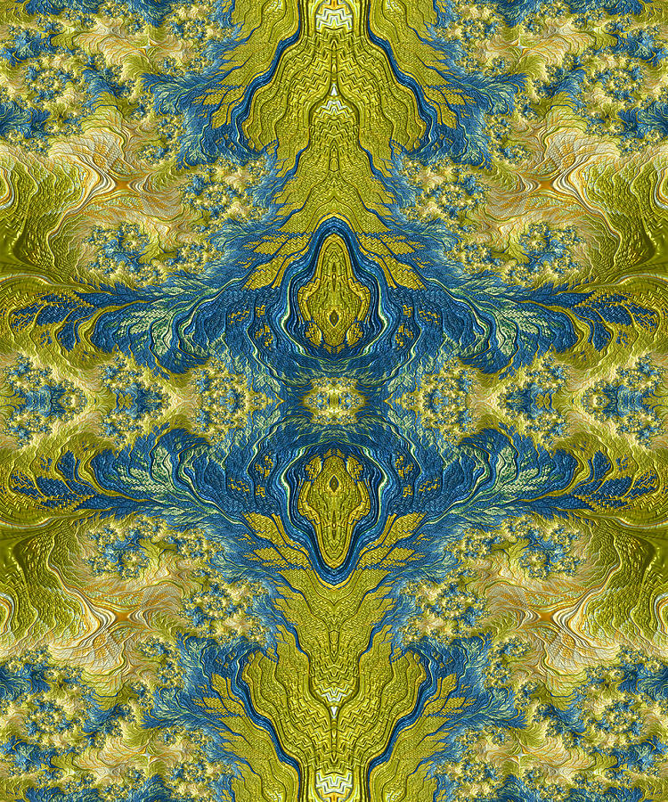 Abstract Blue and Gold Fractal Damask Pattern  Digital Art by Shelli Fitzpatrick