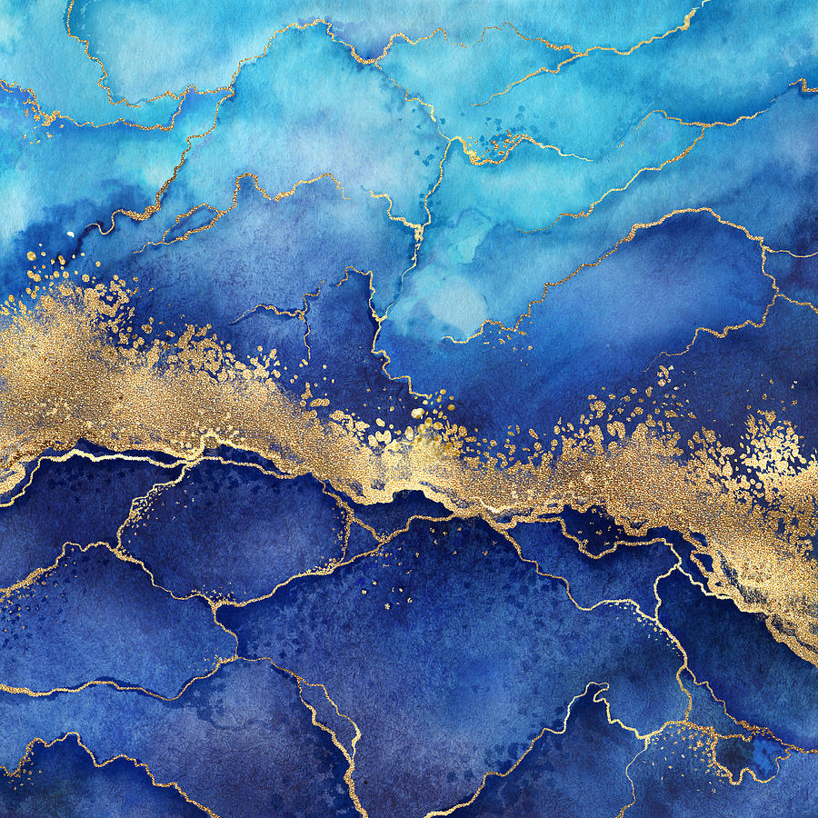 Abstract blue marble background with golden veins Mixed Media by Julien ...