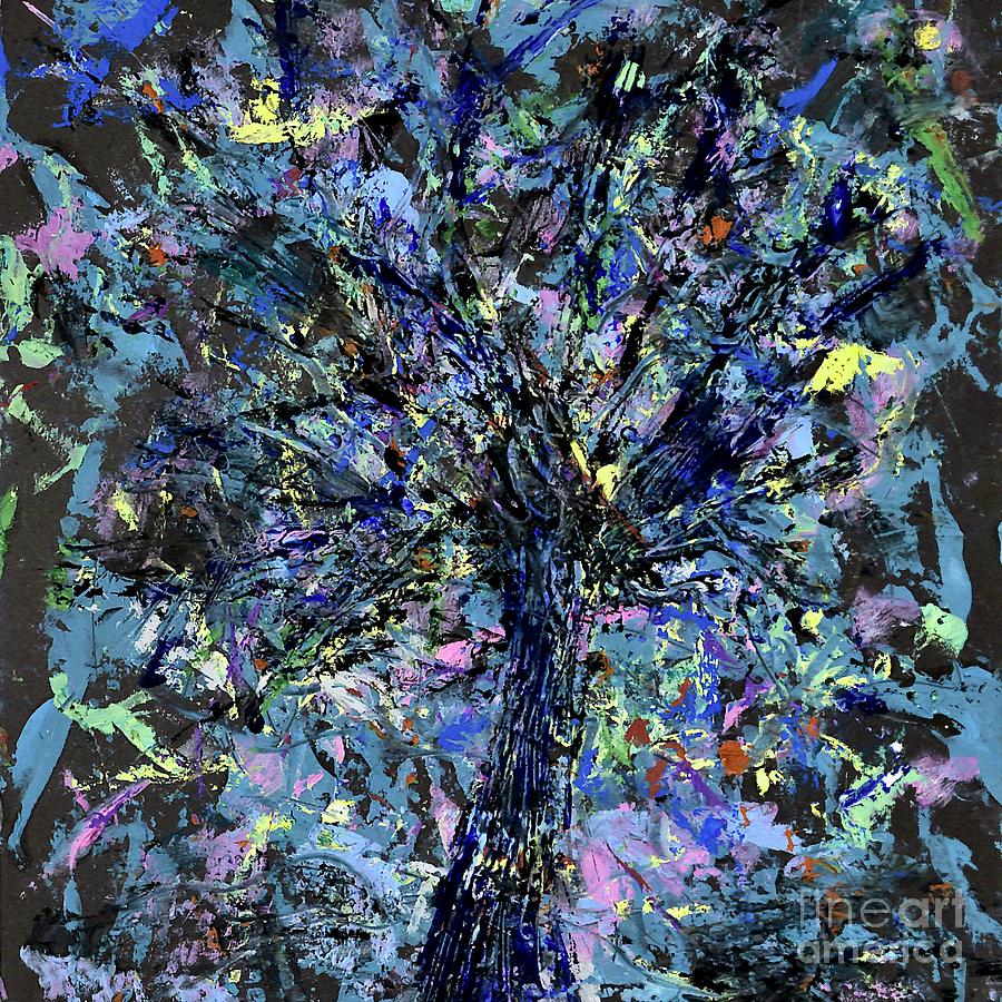 Abstract Blue Night Tree Painting