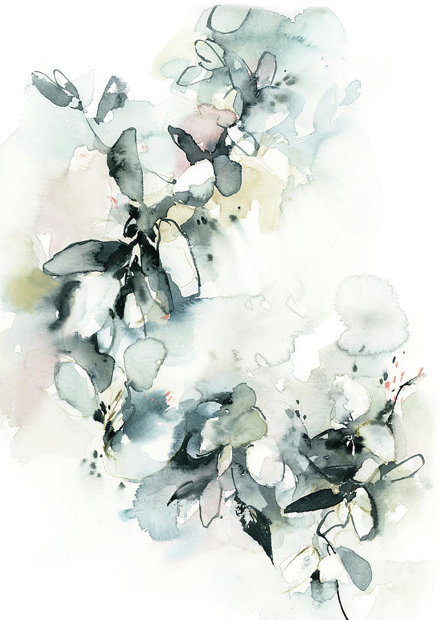 Flower Painting - Abstract botanical florals and leaves in teal and blush pink by Sophia Rodionov
