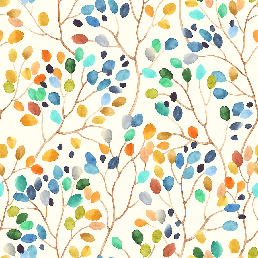 Abstract bright watercolor pattern with colorful leaves spots on ...