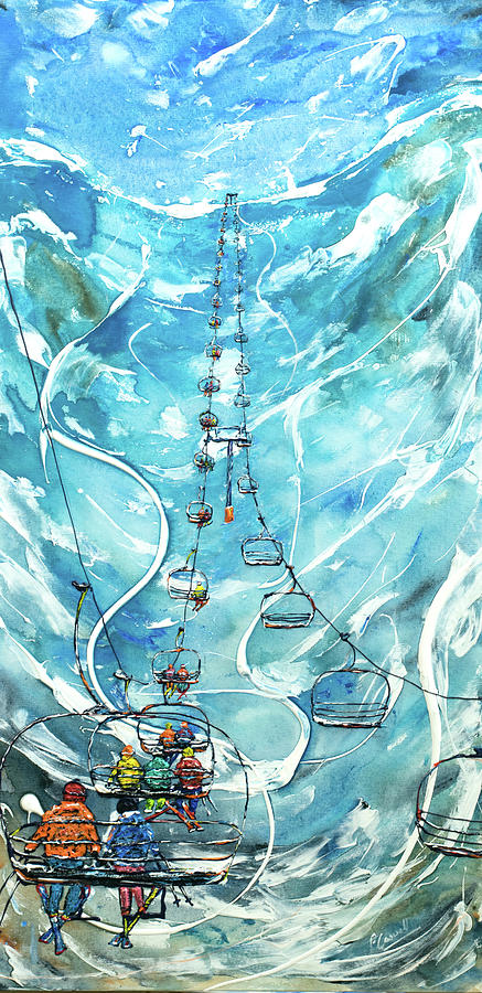 Abstract Chair Lift Off Piste Painting by Pete Caswell