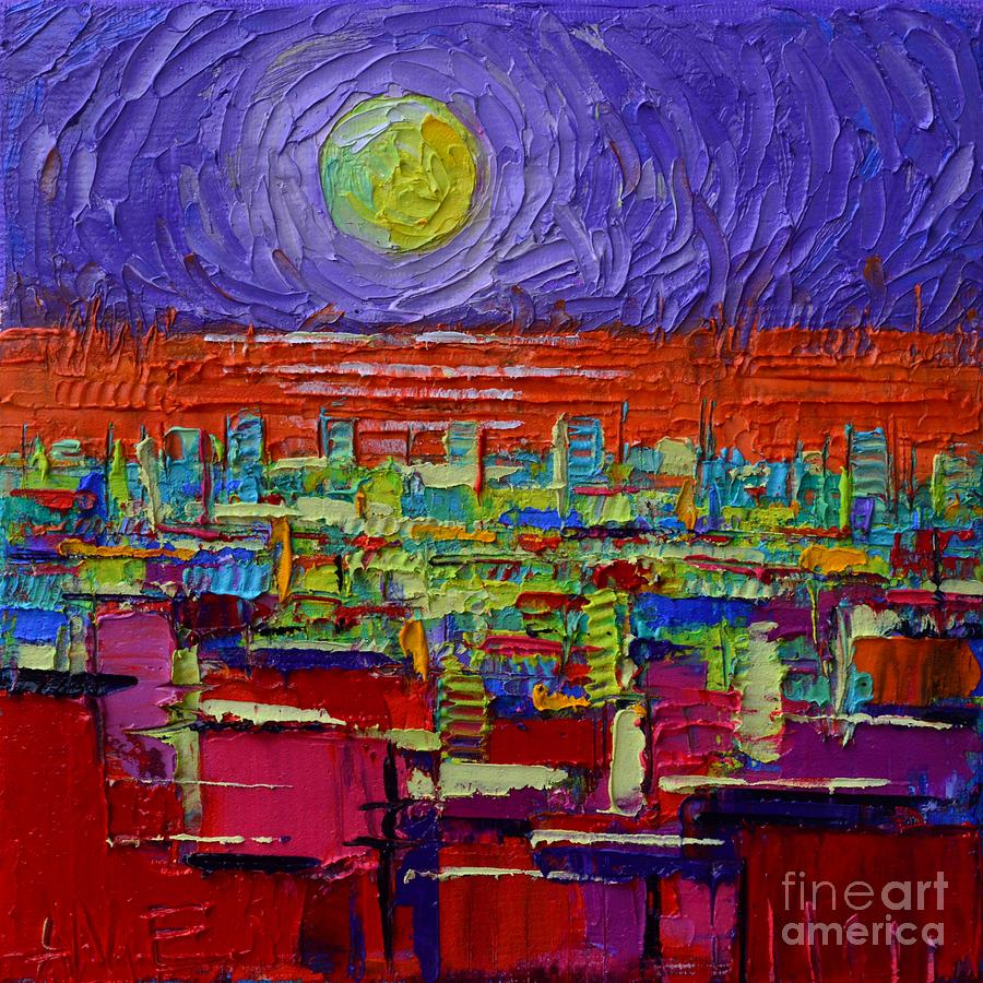 Abstract City Skyline With Orange Sea And Lime Moon Painting by Ana Maria Edulescu