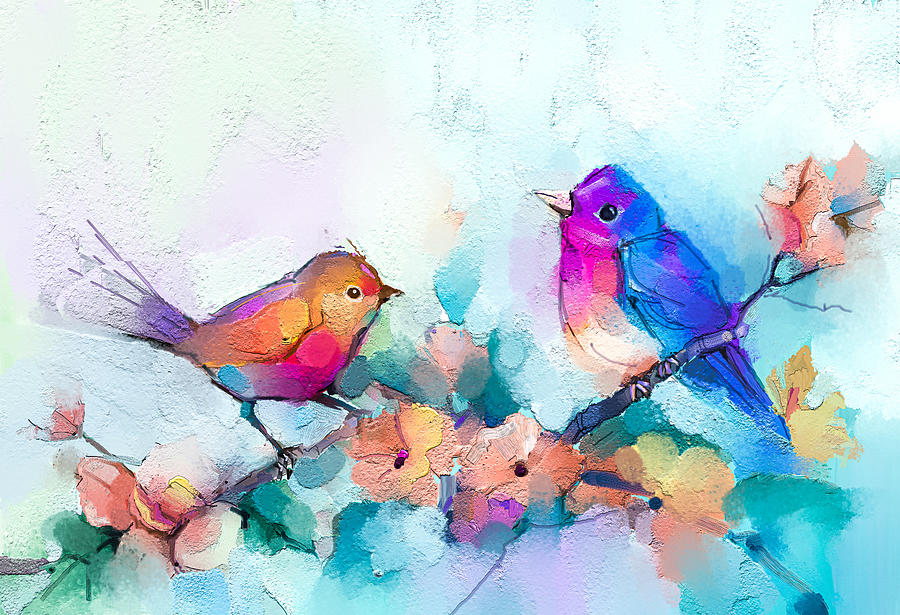 Abstract colorful oil, acrylic painting of bird and spring flower ...