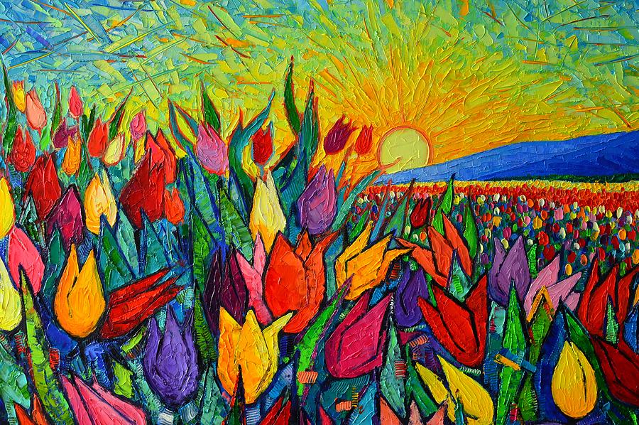 ABSTRACT COLORFUL TULIPS AT SUNRISE textural impasto palette knife oil painting Ana Maria Edulescu Painting by Ana Maria Edulescu