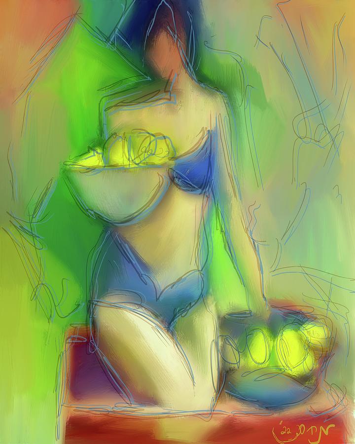 Abstract colorful woman with two bowls of lemon fruit in green red and blue Painting by MendyZ