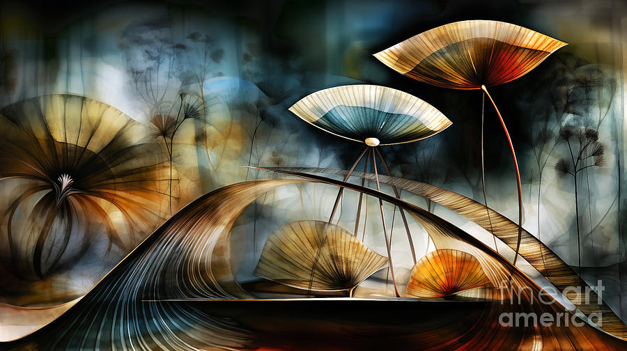 Abstract composition with umbrella-like elements and fluid lines. Digital Art by Odon Czintos