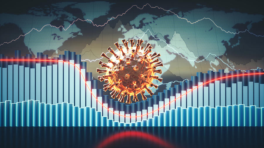 Abstract coronavirus economic infographics 3D concept with charts, graphs and world map in the background and a virus cell in the centre Photograph by Matejmo