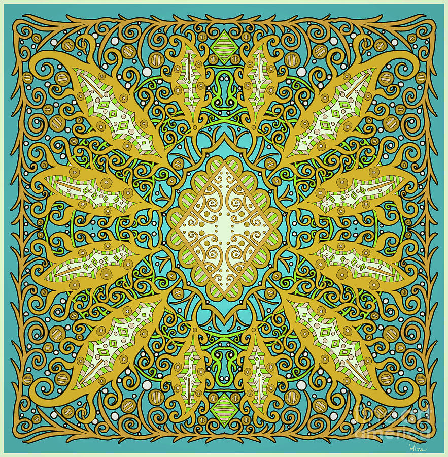 Abstract Design in Turquoise and Mustard with Swirly Petals with A Diamond Center Mixed Media by Lise Winne