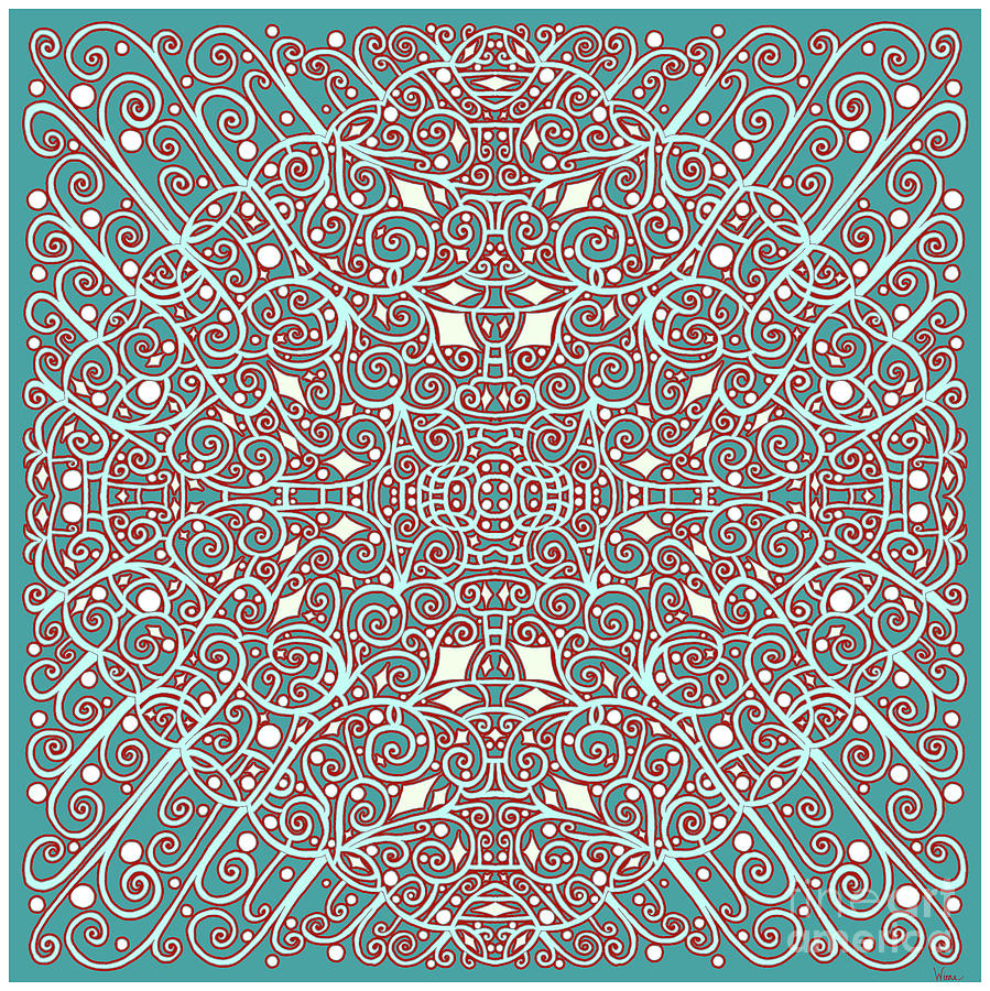 Abstract Design in Turquoise with Swirls, Diamonds and Dots Mixed Media by Lise Winne