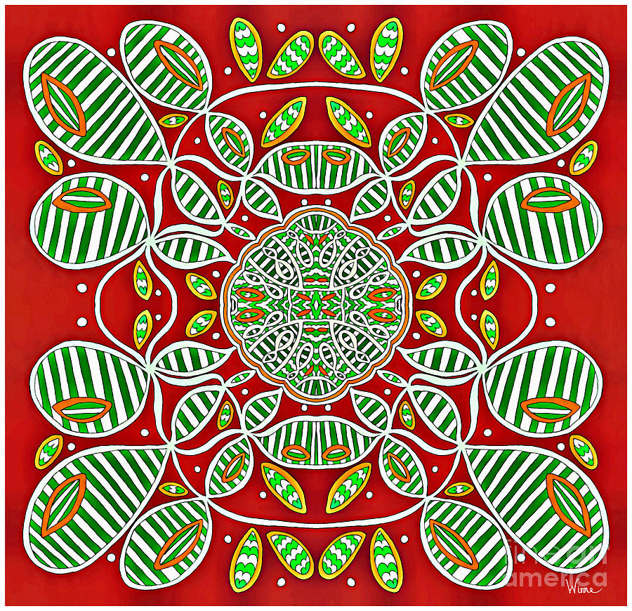 Abstract Design with Loops on Loops in Red, Orange, Green and White Mixed Media by Lise Winne
