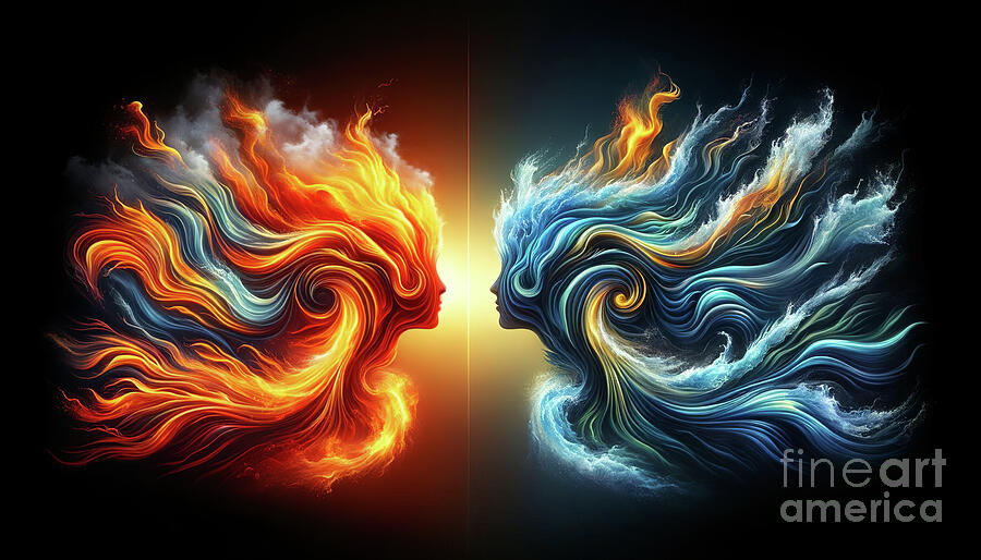 Abstract digital art of two profiles facing each other, created with fiery and aquatic  Digital Art by Odon Czintos