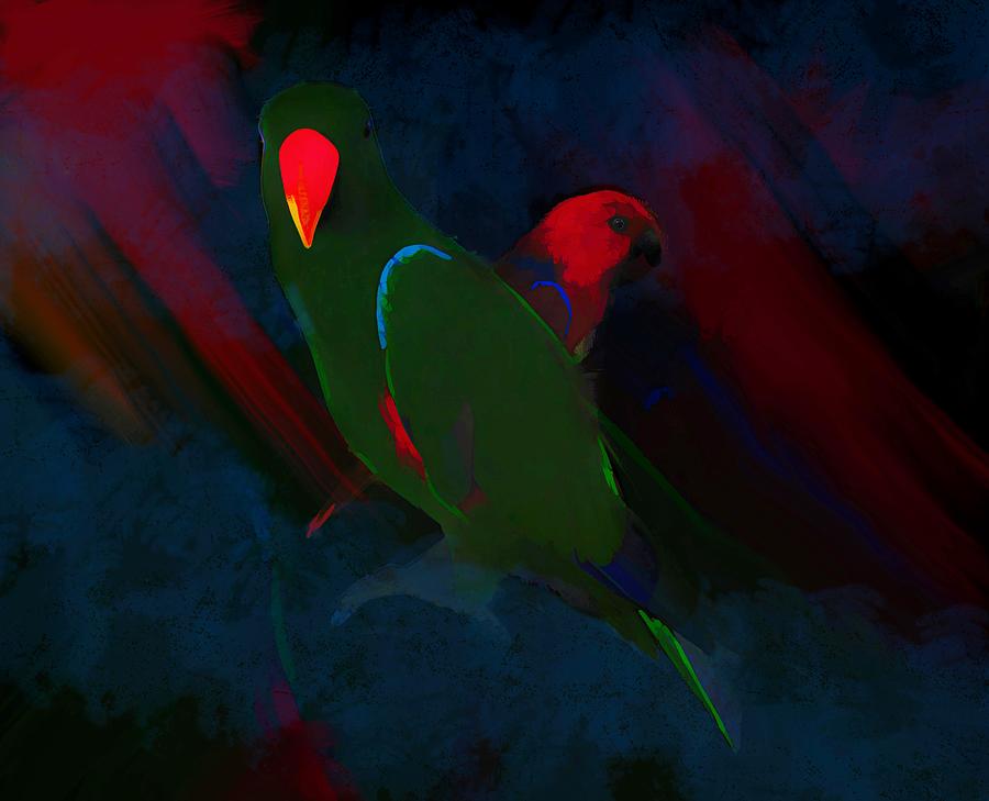 Abstract Eclectus Parrots Into The Blue Mixed Media by Joan Stratton