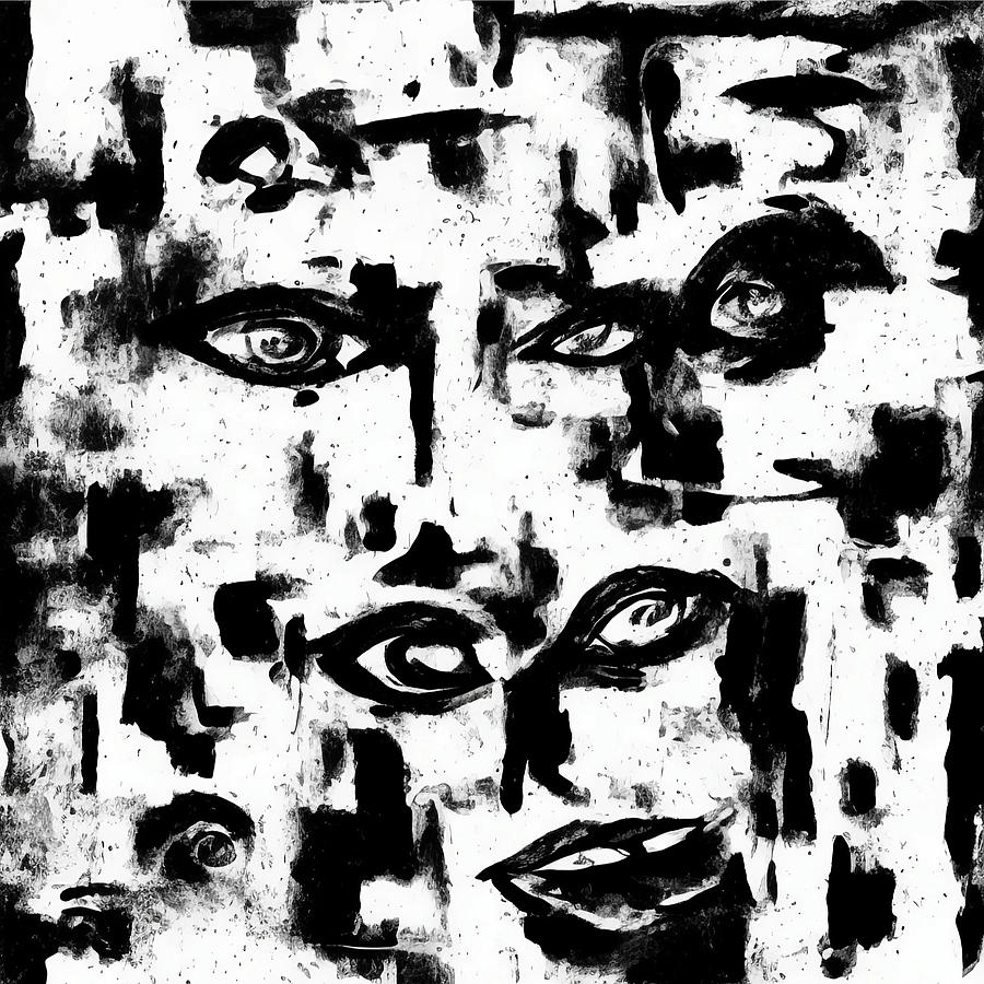 Black And White Drawing - Abstract Faces Fabric, Wallpaper And Home Decor by Mounir Khalfouf