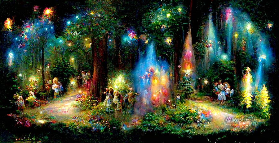 AI Magical Forest with Fairies and Elves Digital Art by Peggi Wolfe