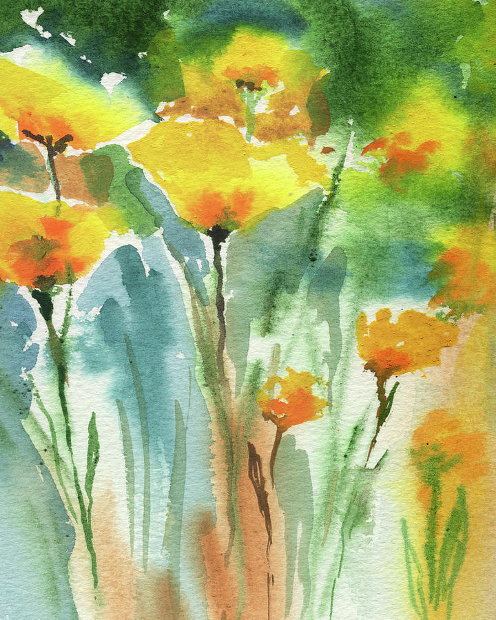Abstract Painting - Abstract Floral Watercolor Painting California Poppies Yellow Flowers  by Irina Sztukowski