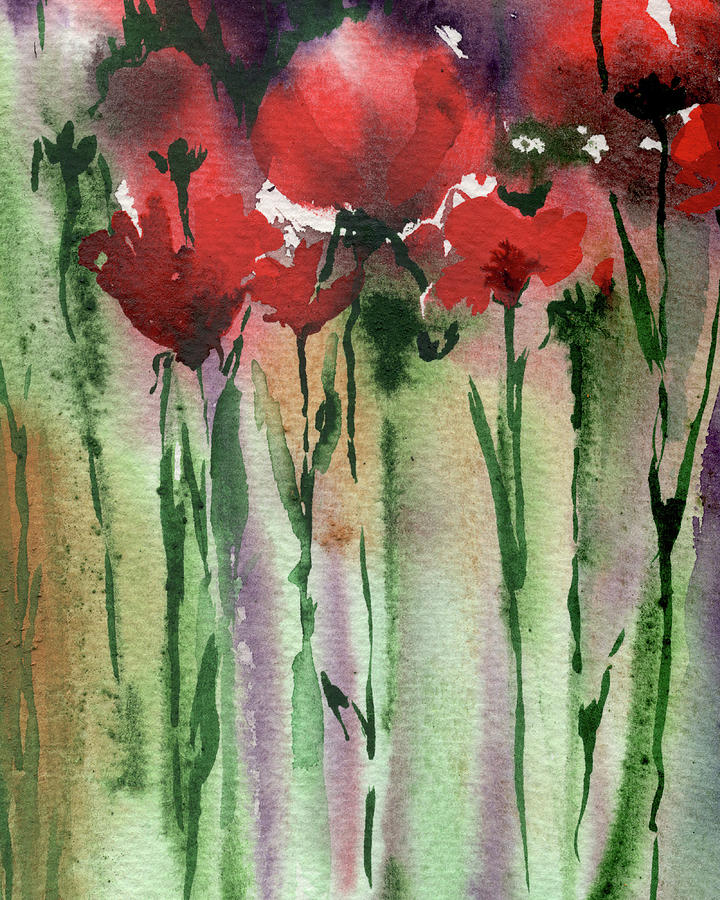Abstract Floral Watercolor Painting Field Of Red Poppies Painting