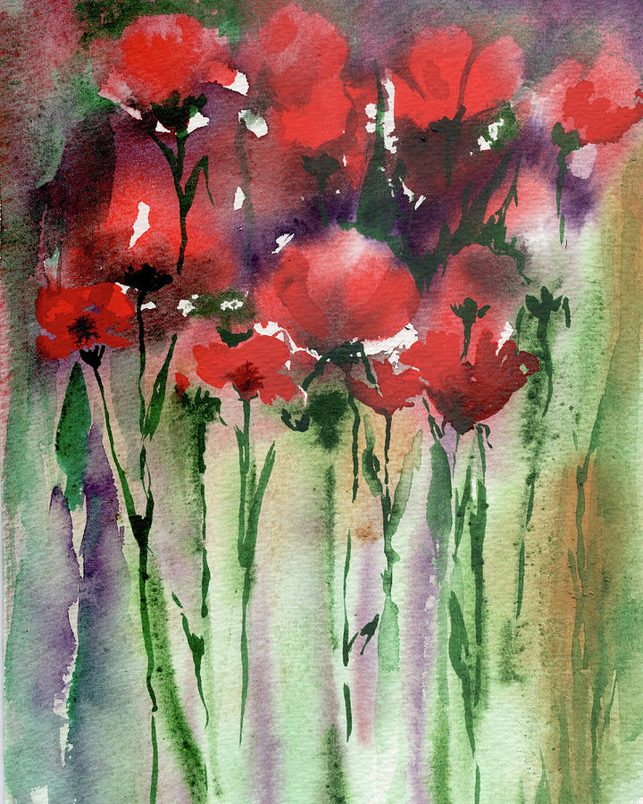 Abstract Floral Watercolor Painting Field of Red Poppy Flowers  Painting by Irina Sztukowski