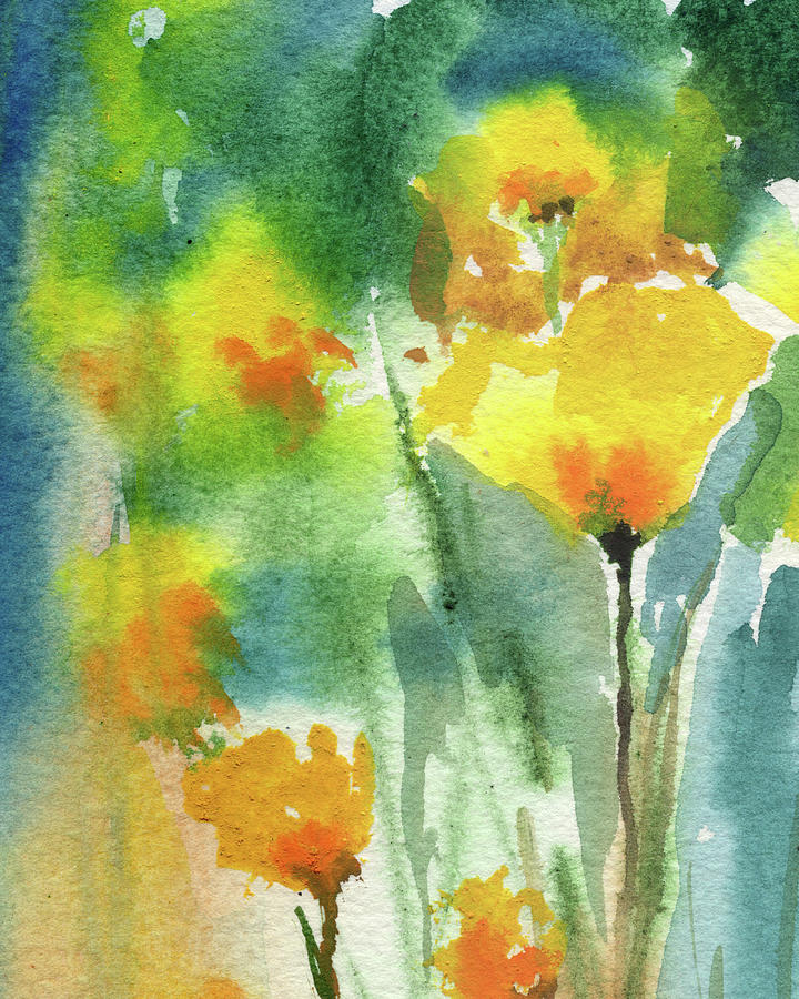 Abstract Painting - Abstract Floral Watercolor Painting Glowing Yellow Flowers  by Irina Sztukowski