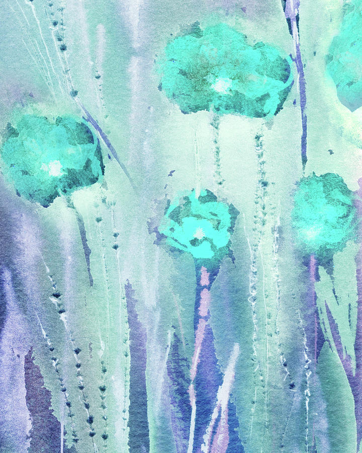 Abstract Floral Watercolor Painting Teal Blue Field Of Flowers Painting by Irina Sztukowski