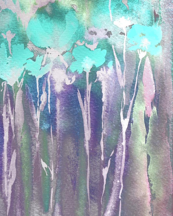 Abstract Floral Watercolor Painting Turquoise Blue Flowers Painting