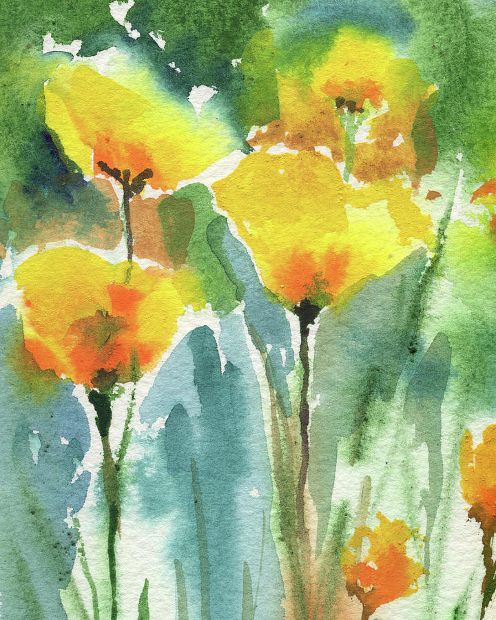 Abstract Floral Watercolor Painting Yellow California Poppy Flowers Painting